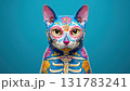 Cat in vibrant Day of the Dead paint shines, created AI 131783241