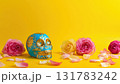 A decorated skull stands beside bright roses and petals, created AI 131783242