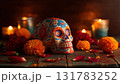 Sugar skull with marigolds and candles, created AI 131783252