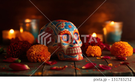 Sugar skull with marigolds and candles, created AI Sugar skull with marigolds and candles, created AI 131783252