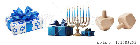 Hanukkah with menorah, gifts, and dreidels, created AI, PNG Hanukkah with menorah, gifts, and dreidels, created AI, PNG 131783253