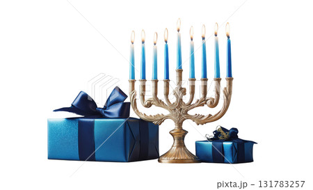 Menorah with candles next to wrapped gifts, created AI, PNG Menorah with candles next to wrapped gifts, created AI, PNG 131783257