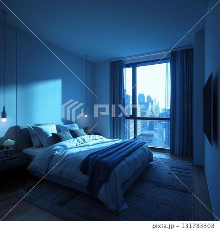 早朝の青い光が差し込むベッドルーム 131783308