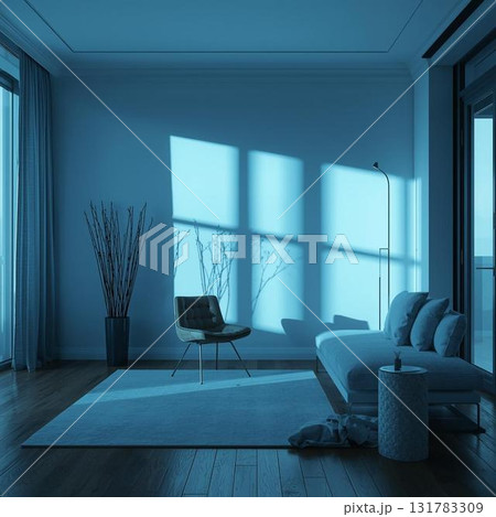 早朝の青い光が差すリビングルーム 131783309