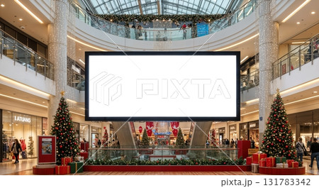Christmas Digital Screen Mall Mockup with Massive Blank Advertising Space and Shopping Atmosphere Christmas Digital Screen Mall Mockup with Massive Blank Advertising Space and Shopping Atmosphere 131783342