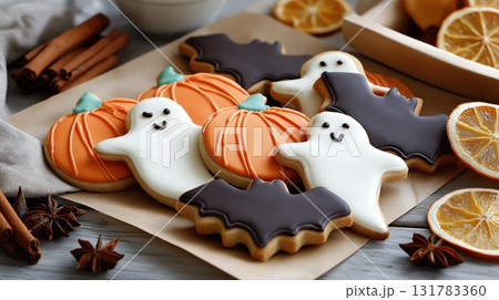 Handmade Halloween cookies shaped like ghosts, bats and pumpkins decorated with icing on wooden table Handmade Halloween cookies shaped like ghosts, bats and pumpkins decorated with icing on wooden table 131783360