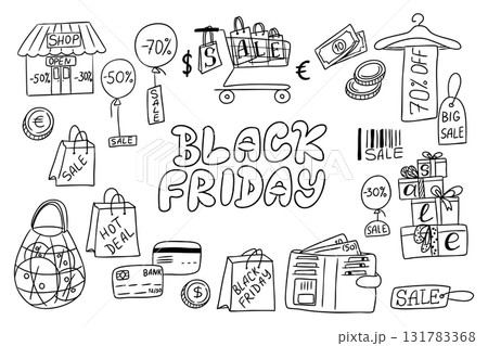 Black friday doodle vector with shopping bags, sale tags and discount symbols Black friday doodle vector with shopping bags, sale tags and discount symbols 131783368