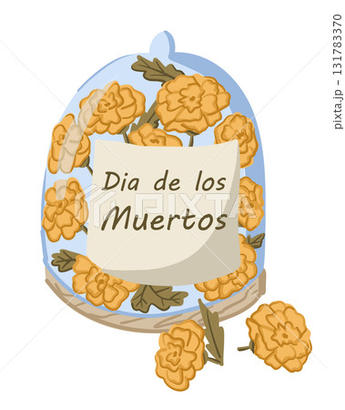 Colorful vector illustration of marigold flowers and note reading Dia de los Muertos 131783370