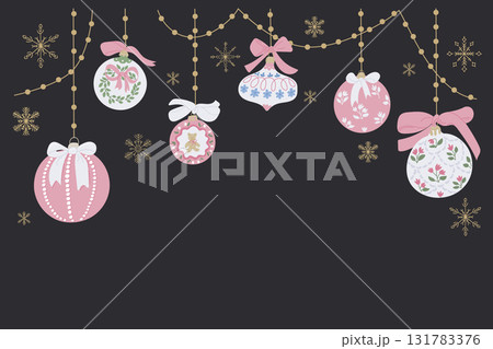 Festive vector banner with pink and white Christmas ornaments, bows and snowflakes on dark background Festive vector banner with pink and white Christmas ornaments, bows and snowflakes on dark background 131783376