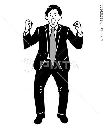 ガッツポーズするスーツ姿の男性（モノクロイラスト） 131783433