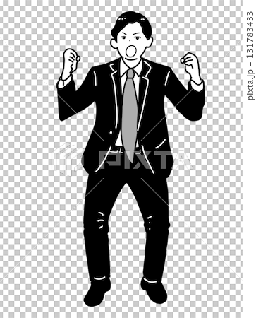 ガッツポーズするスーツ姿の男性（モノクロイラスト） 131783433