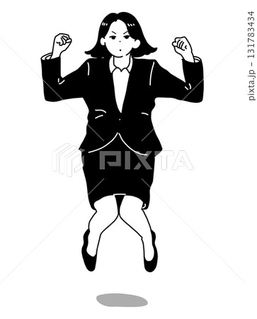 ジャンプしてガッツポーズするスーツ姿の女性（モノクロイラスト） 131783434