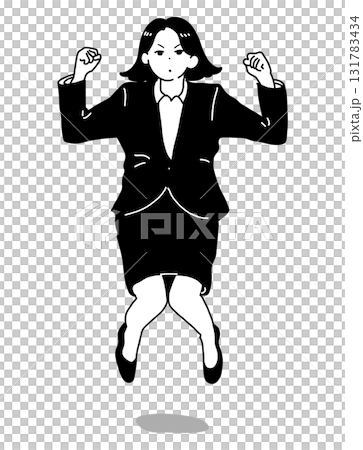 ジャンプしてガッツポーズするスーツ姿の女性（モノクロイラスト） 131783434
