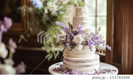 Wedding cake with lavender flowers. Holiday table decoration Wedding cake with lavender flowers. Holiday table decoration 131783499