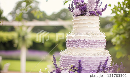 Wedding cake with lavender flowers. Holiday table decoration 131783502