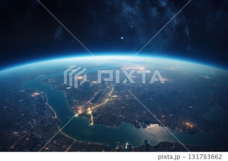 Futuristic city aerial view at night. Structure of sci-fi metropolis with neon lights from the bird view. Generated AI Futuristic city aerial view at night. Structure of sci-fi metropolis with neon lights from the bird view. Generated AI 131783662