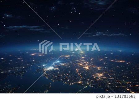 Futuristic city aerial view at night. Structure of sci-fi metropolis with neon lights from the bird view. Generated AI 131783663