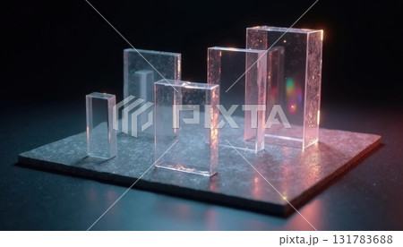 Abstract arrangement of transparent glass panels with soft lighting and reflections in the style of 3D glassmorphism. Generated AI 131783688