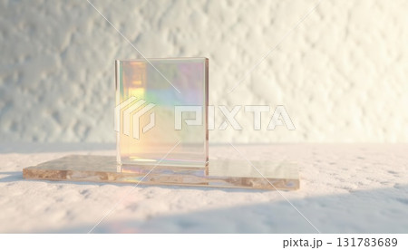 Stacked transparent 3D glass panels with soft light and subtle iridescent reflections in the style of glassmorphism. Generated AI 131783689