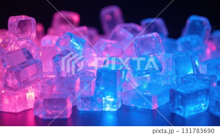 Illuminated colored glass panels with on a dark background in the style of 3D glassmorphism. Generated AI 131783690