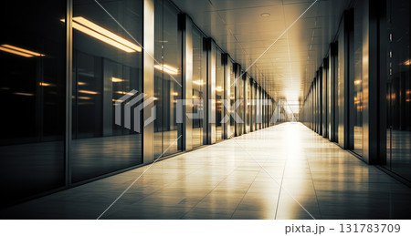 Office building interior with long hall and doors. Empty office corridor with lamps and glass decorations. Generated AI. 131783709