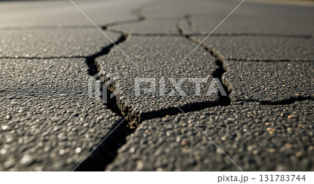 Damaged Road with Long Cracks After Earthquake 131783744
