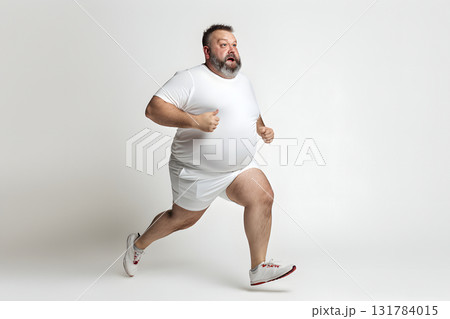 Overweight senior Caucasian man running on white background, concept of overweight and weight loss. Neural network generated photorealistic image 131784015