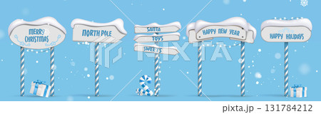 North pole sign set with snowy boards 131784212