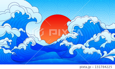 Asia inspired line wave patterns and red sun 131784225