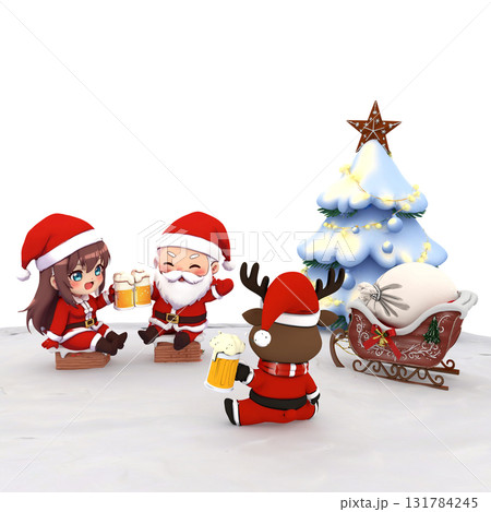 サンタクロースとトナカイとサンタガールの女の子が雪のパーティーや忘年会で乾杯するクリスマスの雪景色 131784245