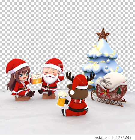 サンタクロースとトナカイとサンタガールの女の子が雪のパーティーや忘年会で乾杯するクリスマスの雪景色 131784245