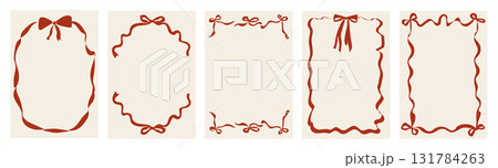 Vintage bow frames for greeting cards, wedding and birthday invites, picnic and brunch menus in cute coquette style. Hand-drawn ribbon borders illustration for social media templates and party decor. 131784263