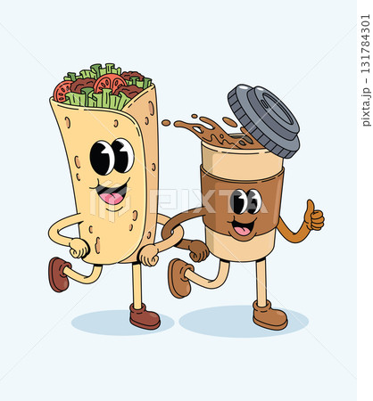kebab and coffee groovy cartoon illustration 131784301