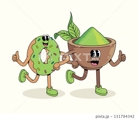 matcha and donut groovy cartoon illustration 131784342