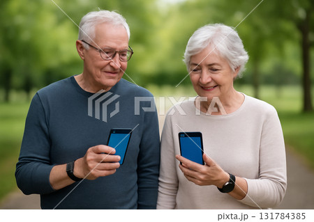 AI generated elderly couple using wearable health technology while walking in a park. They monitor their health through smartphones with a health app visible. 131784385