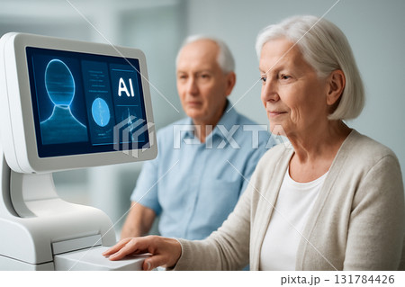 AI generated elderly couple undergoing a health checkup using AI-powered diagnostics in a modern medical facility. Focus on health and technology in senior care. AI generated elderly couple undergoing a health checkup using AI-powered diagnostics in a modern medical facility. Focus on health and technology in senior care. 131784426