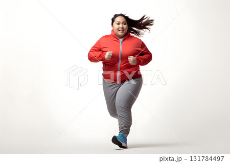 Overweight Asian woman running on white background, concept of overweight and weight loss. Neural network generated photorealistic image Overweight Asian woman running on white background, concept of overweight and weight loss. Neural network generated photorealistic image 131784497