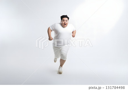 Overweight Asian man running on white background, concept of overweight and weight loss. Neural network generated photorealistic image 131784498