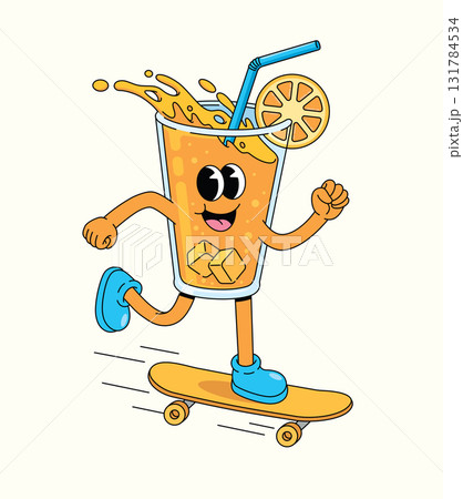 orange drink walk skateboard groovy cartoon illustration 131784534