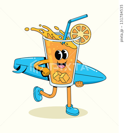orange drink walk surf groovy cartoon illustration 131784535