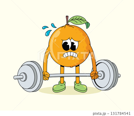 orange hard weightlifting groovy cartoon illustration 131784541