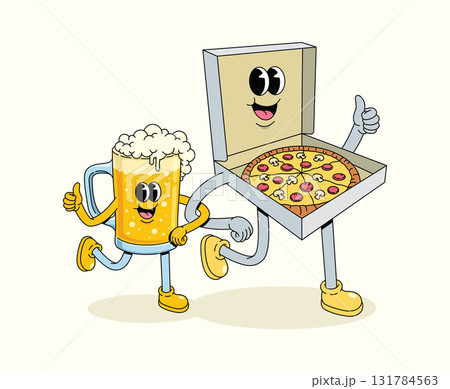 pizza box and beer groovy cartoon illustration 131784563