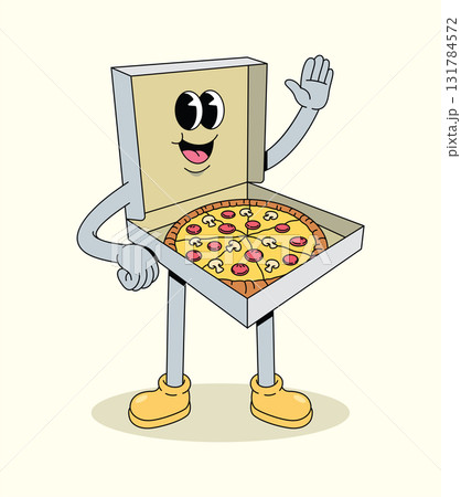 pizza box hello groovy cartoon illustration 131784572