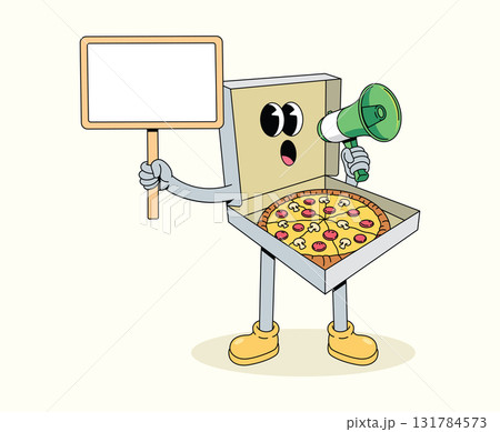 pizza box megaphone groovy cartoon illustration 131784573