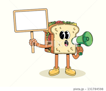 sandwich megaphone groovy cartoon illustration 131784598
