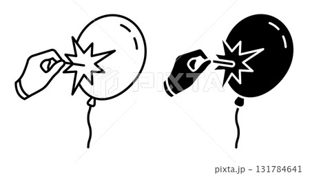 Linear icon. Hand of an envious person or ill wisher pierces a flying balloon with a sharp needle. Simple black and white vector isolated on white background Linear icon. Hand of an envious person or ill wisher pierces a flying balloon with a sharp needle. Simple black and white vector isolated on white background 131784641