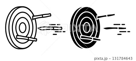 Linear icon, circus performer throwing knives fly towards a target. Simple black and white vector isolated on white background 131784643