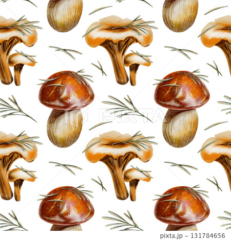 Autumn seamless pattern featuring chanterelles,brown birch boletus,red cap boletus mushrooms with pine needles,serving as symbols of autumn serenity and unity with nature.Watercolor and pencils style 131784656