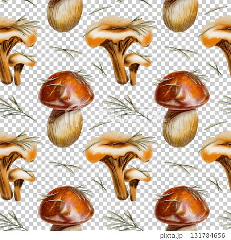 Autumn seamless pattern featuring chanterelles,brown birch boletus,red cap boletus mushrooms with pine needles,serving as symbols of autumn serenity and unity with nature.Watercolor and pencils style 131784656