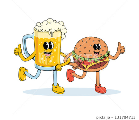 beer mug and burger walk together groovy cartoon illustration 131784713